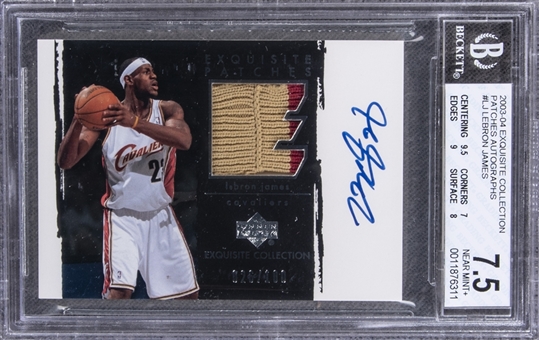 2003-04 UD "Exquisite Collection" Patches Autographs #LJ LeBron James Signed Game Used Patch Rookie Card (#026/100) – BGS NM+ 7.5/BGS 10